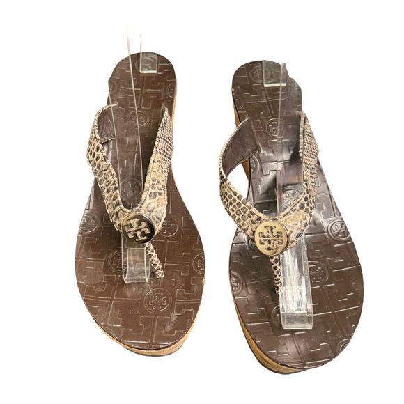 Tory Burch Thora Snakeskin Print Leather Cork Platform Wedge Flip Flops 9 M a14 - Picture 2 of 7